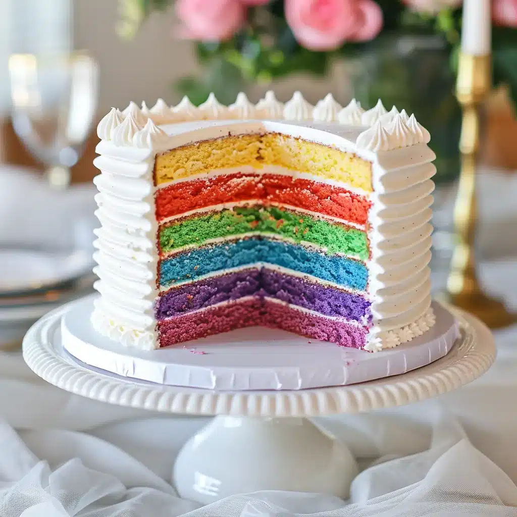 Rainbow Cake Recipe for a Colorful, Crowd-Pleasing Treat 1 Tall rainbow cake with bright layers on cake stand