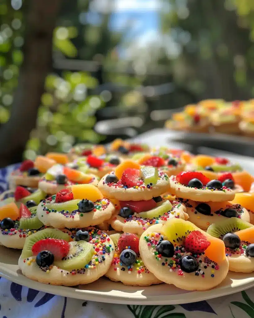 Fruit Pizza Sugar Cookies: Easy, Colorful, and Absolutely Irresistible 4 Fruit pizza sugar cookies on a white platter