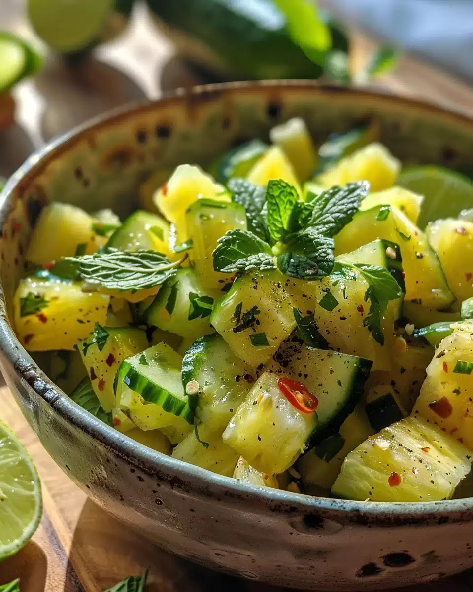 Pineapple Cucumber Salad: Amazing Summer Side You’ll Love 2 Pineapple cucumber salad in a summer serving bowl