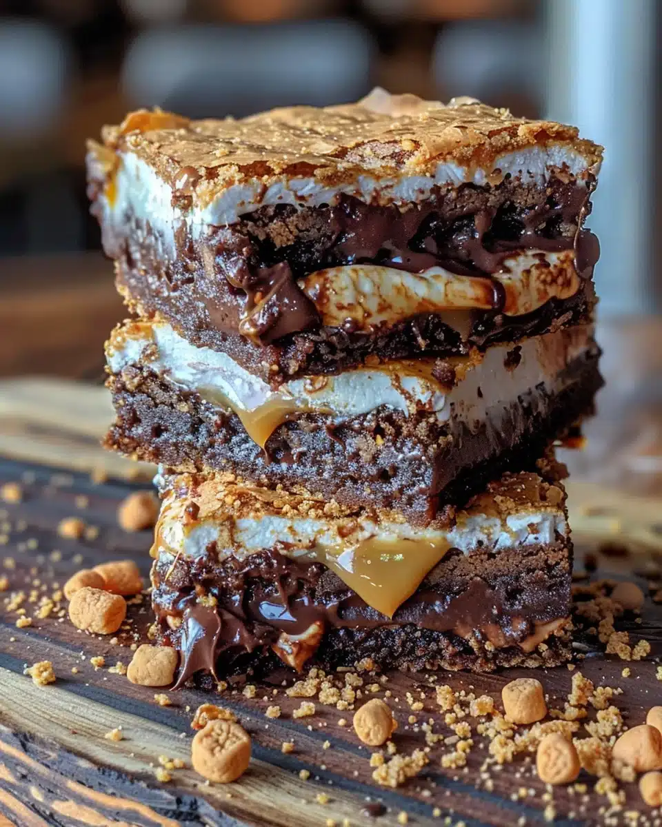 S’mores Brownies: The Ultimate Irresistible Campfire Treat 2 S’mores Brownies stacked with toasted marshmallows and melted chocolate