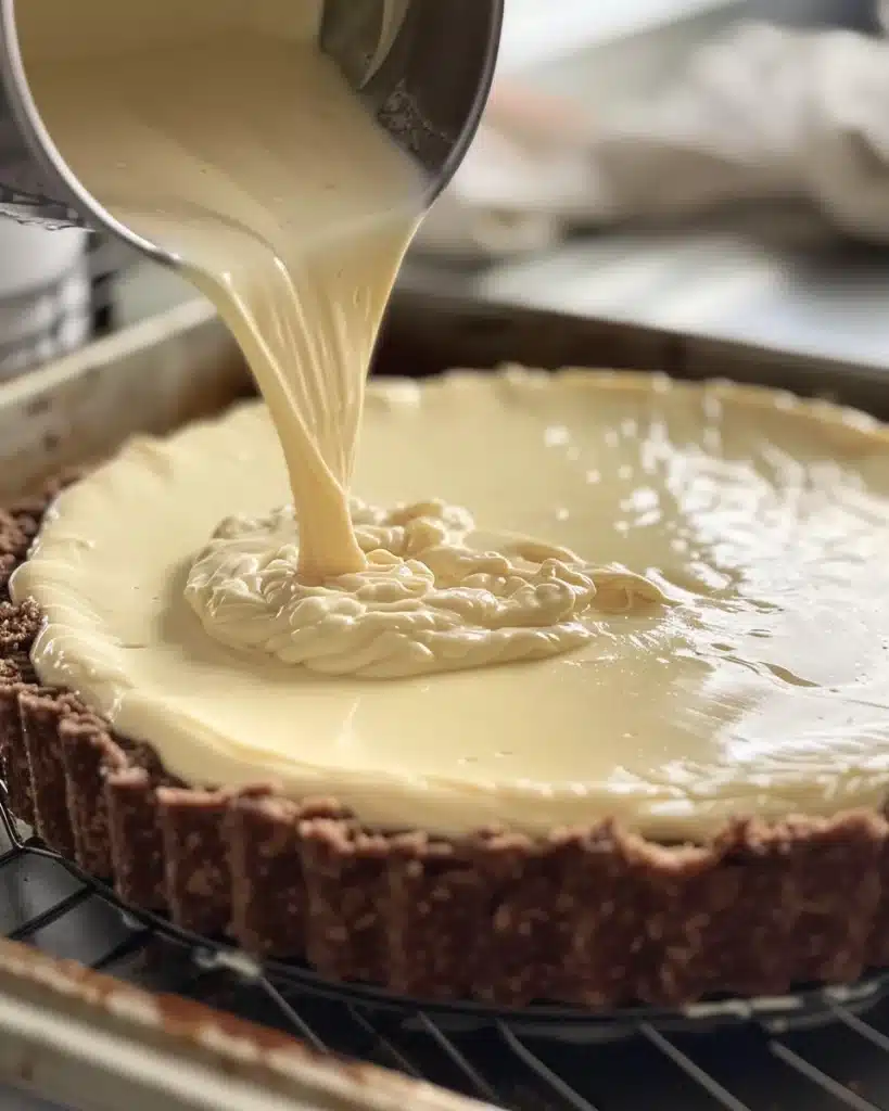 S’mores Cheesecake Heaven: The Ultimate Indulgence for Chocoholics 4 Cheesecake filling being poured into graham crust