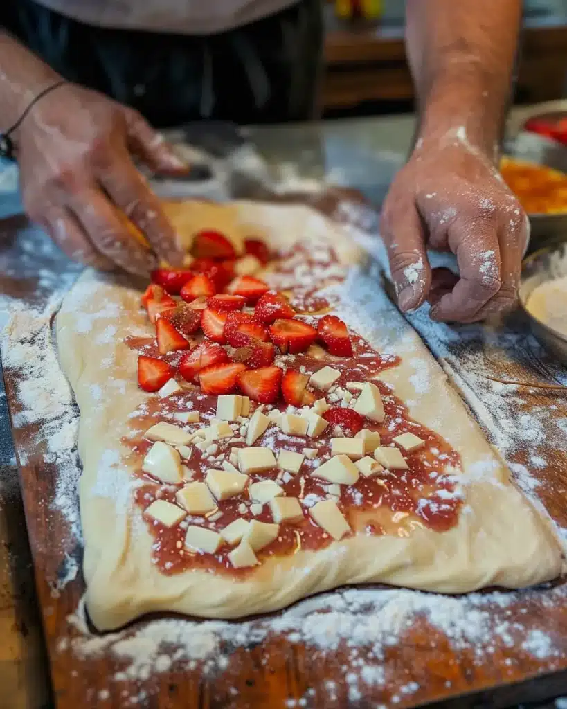 Strawberry Cinnamon Rolls Recipe: Irresistibly Soft, Sweet & Easy to Make 4 Dough rolled out with strawberry filling and cinnamon