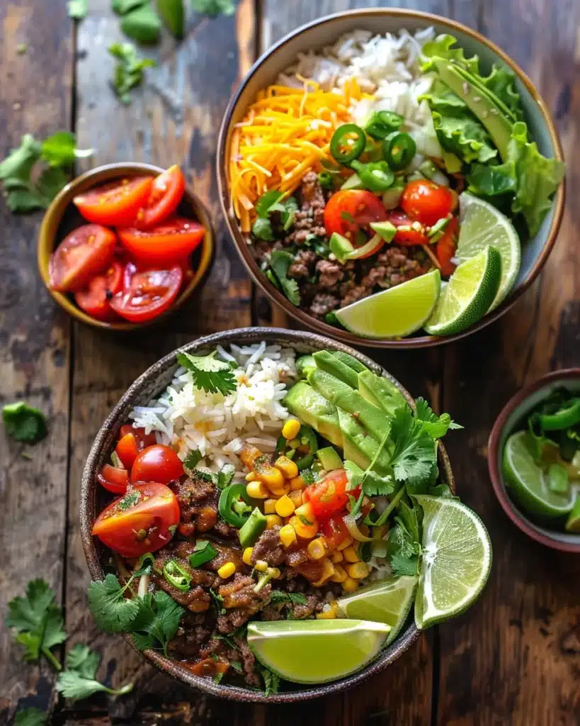 Taco Bowls Recipe: Easy Win for Tired Weeknight Cooks 4 Topping taco bowl with crema and vegetables