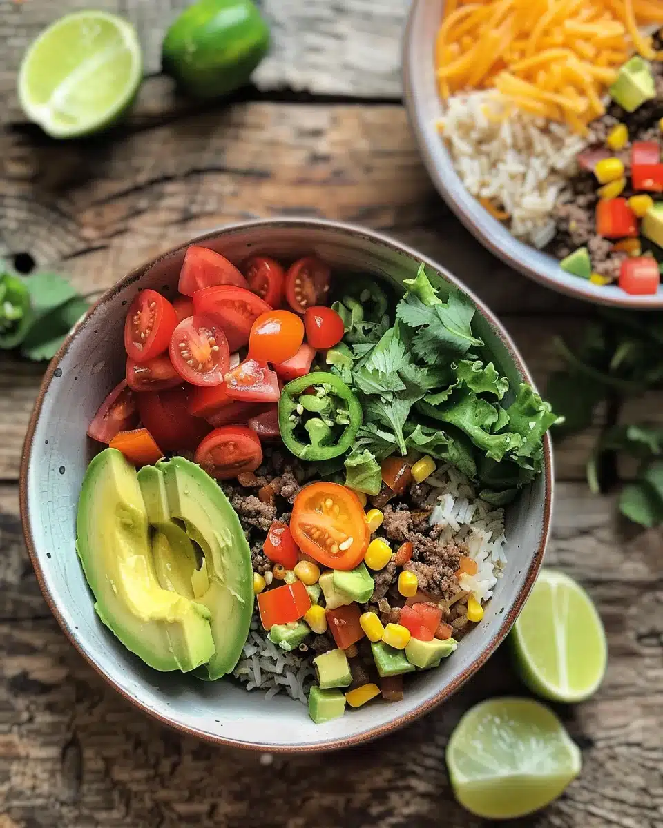 Taco Bowls Recipe: Easy Win for Tired Weeknight Cooks 2 Taco bowls recipe with beef, rice, and toppings in rustic bowls