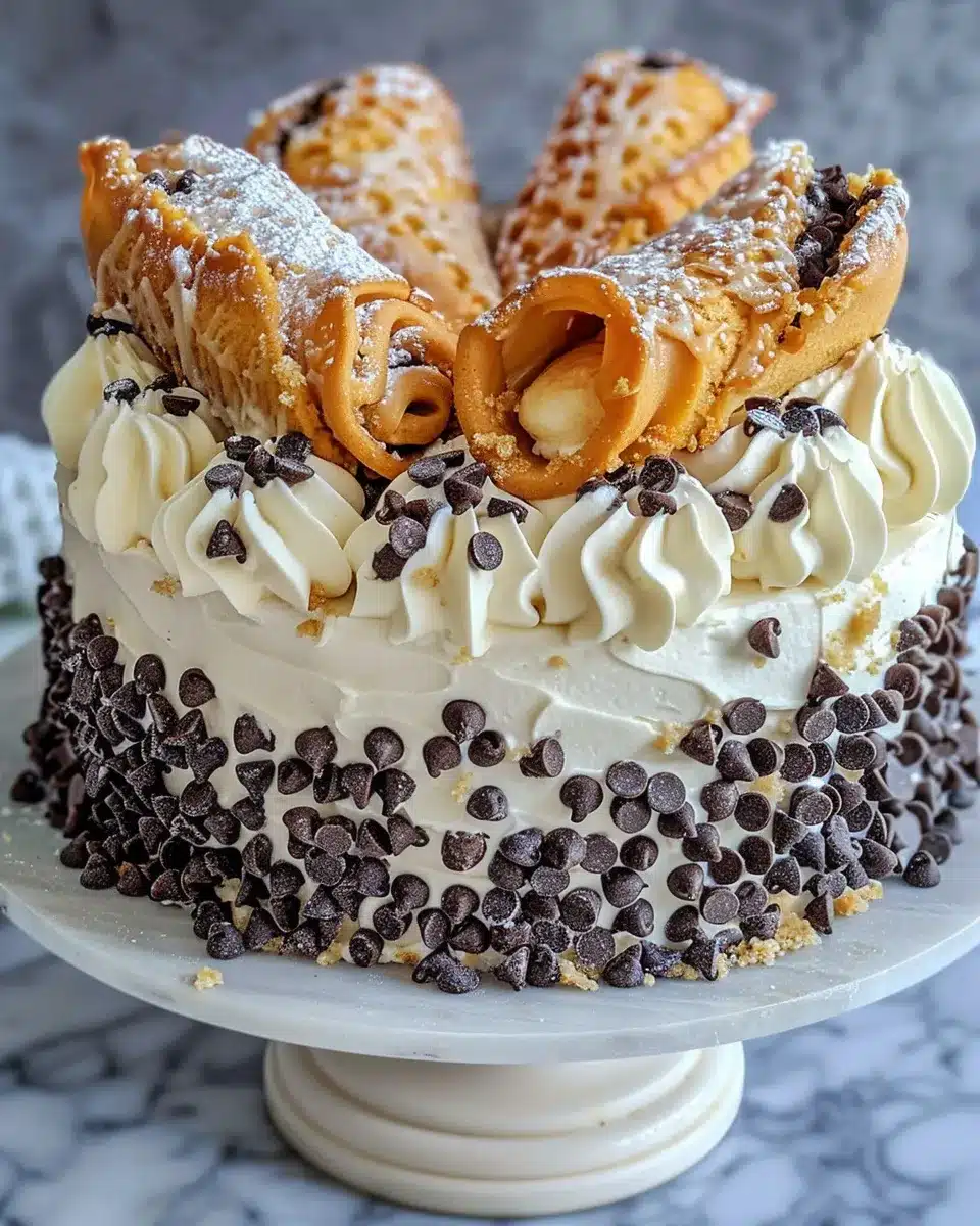 Cannoli Cake Recipe: Stunning & Ultimate Italian Dessert You’ll Love 1 Cannoli cake with whipped cream, chocolate chips, and two cannoli on top.