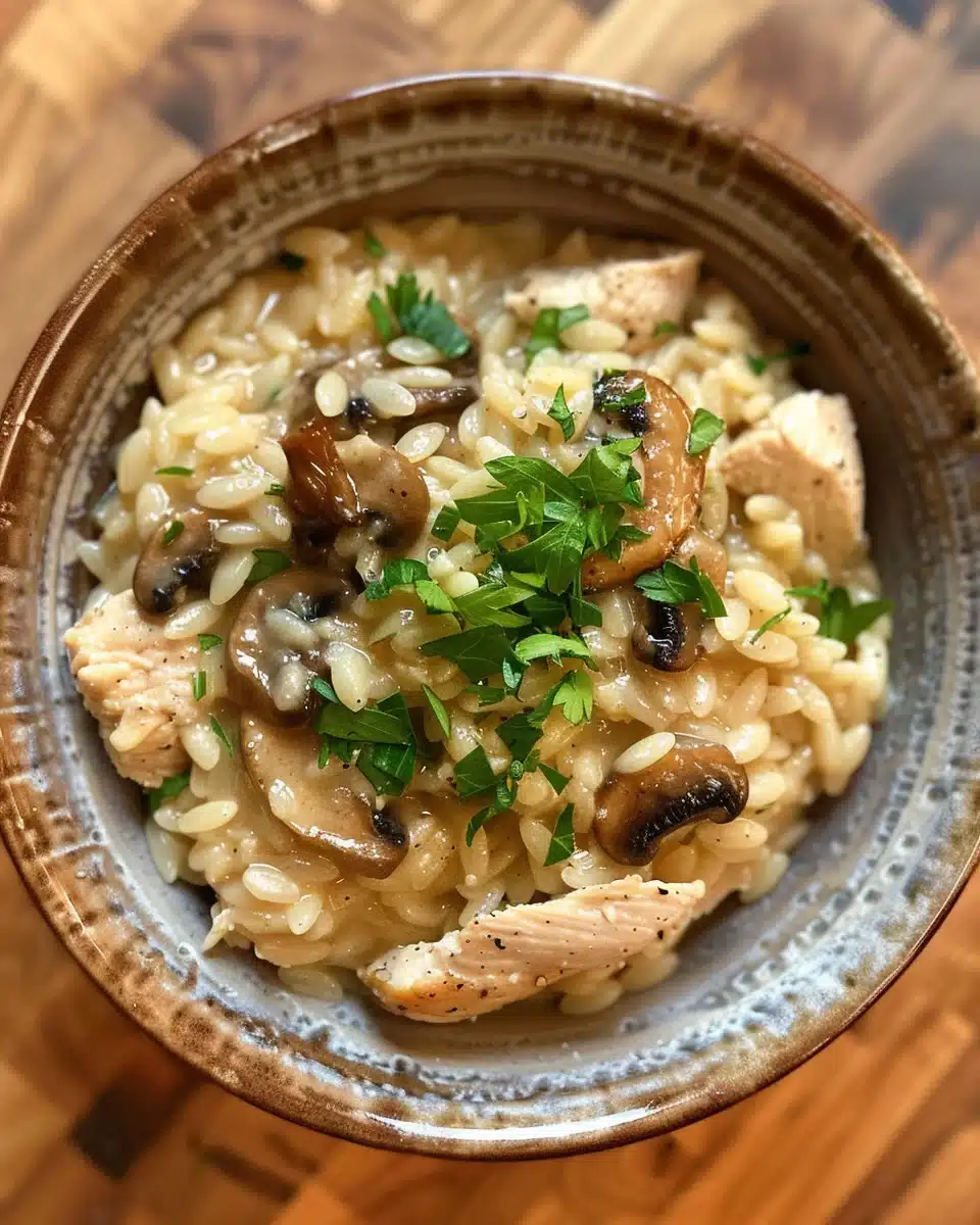 How To Make The Best Chicken And Mushroom Orzo Risotto 2 Chicken and mushroom orzo risotto in ceramic bowl