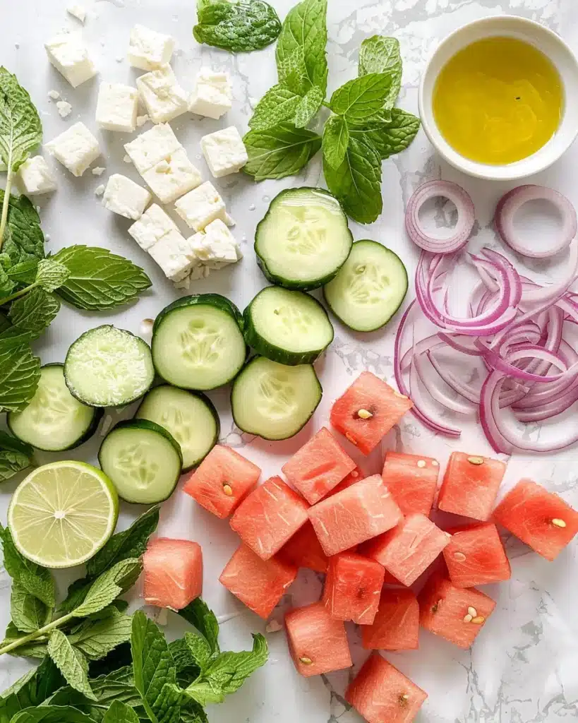 Cucumber Watermelon Salad: Irresistibly Cool And Colorful Recipe 3 ingredients for cucumber watermelon salad laid out