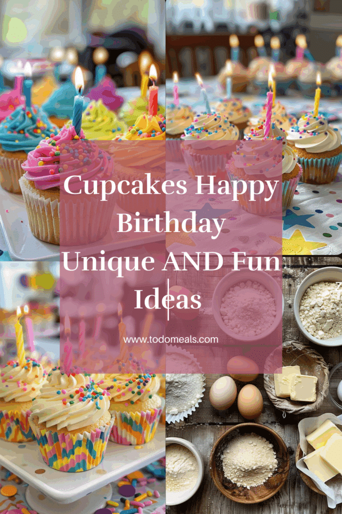 Cupcakes Happy Birthday: Unique, Fun Ideas to Wow Any Celebration 2 Colorful birthday cupcakes with lit candles and rainbow sprinkles, displayed on a party table with baking ingredients in the background.