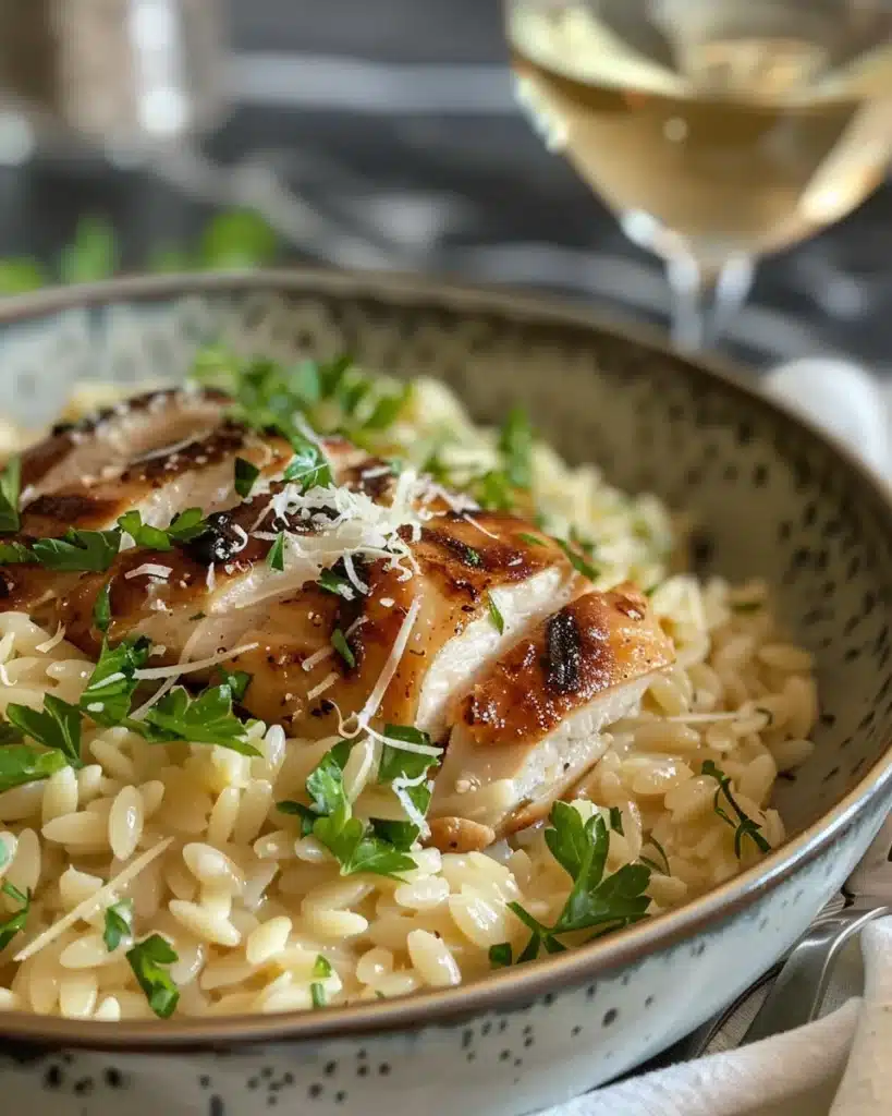 How To Make The Best Chicken And Mushroom Orzo Risotto 4 Chicken and mushroom orzo risotto in ceramic bowl