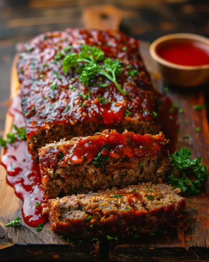 Ground Beef Meatloaf: Juicy, Spectacular Dinner That Warms Every Heart 4 Juicy ground beef meatloaf topped with glossy ketchup glaze and parsley on a wooden board.