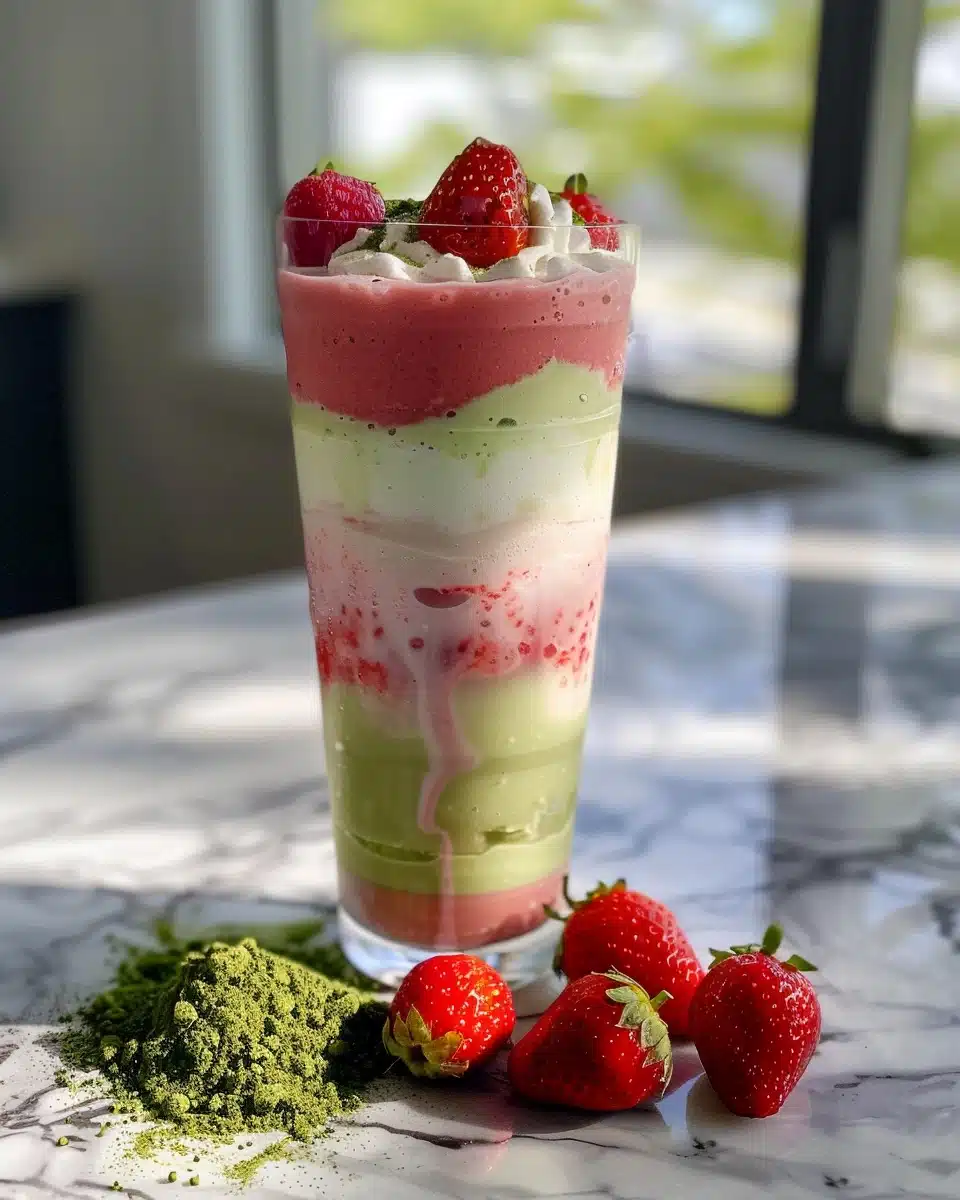 Iced Strawberry Matcha Latte Recipe Made Beautiful 2 Iced strawberry matcha latte in layers on marble countertop