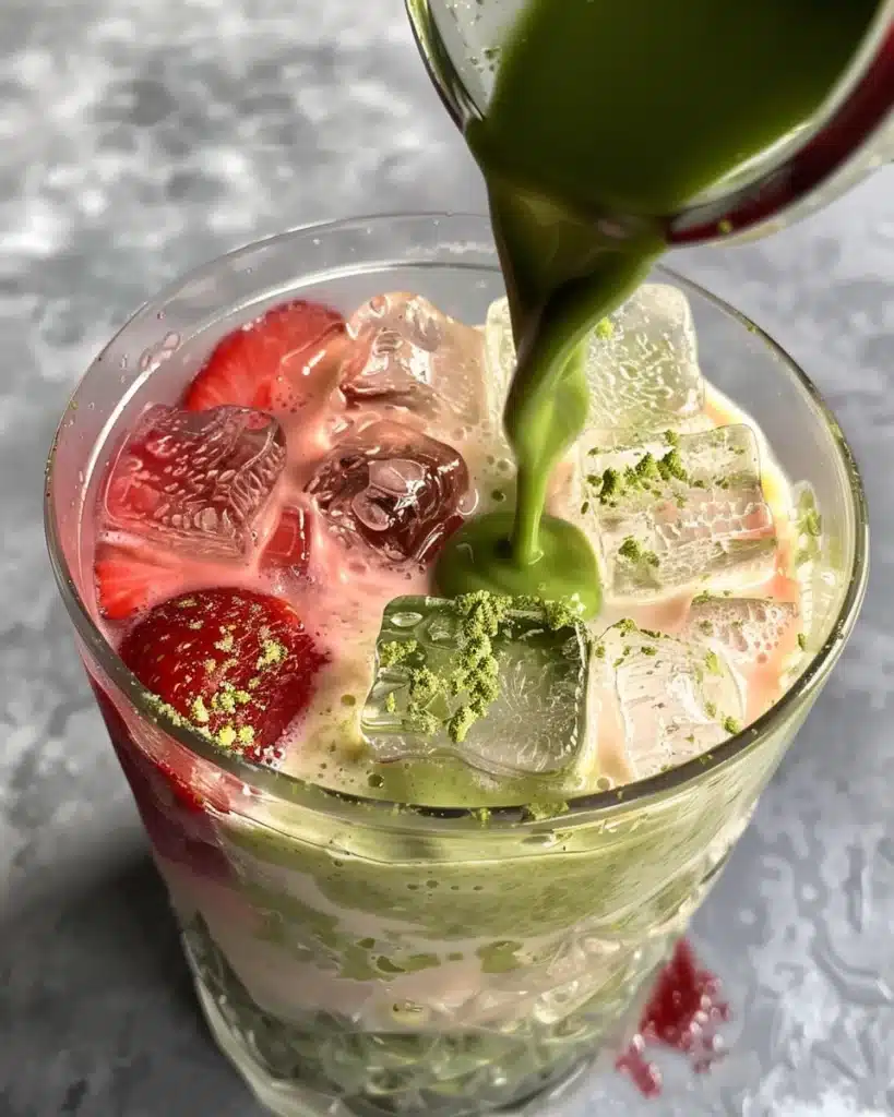 Iced Strawberry Matcha Latte Recipe Made Beautiful 5 How to layer strawberry matcha latte step by step