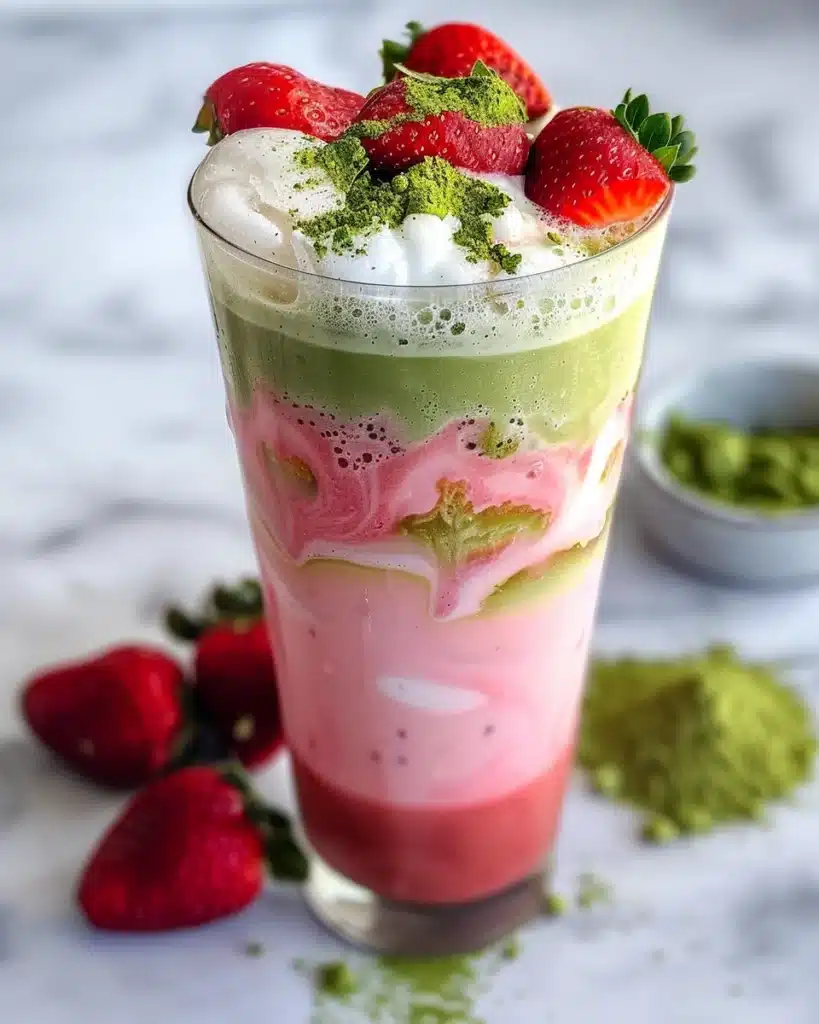 Iced Strawberry Matcha Latte Recipe Made Beautiful 1 Served iced strawberry matcha latte with straw