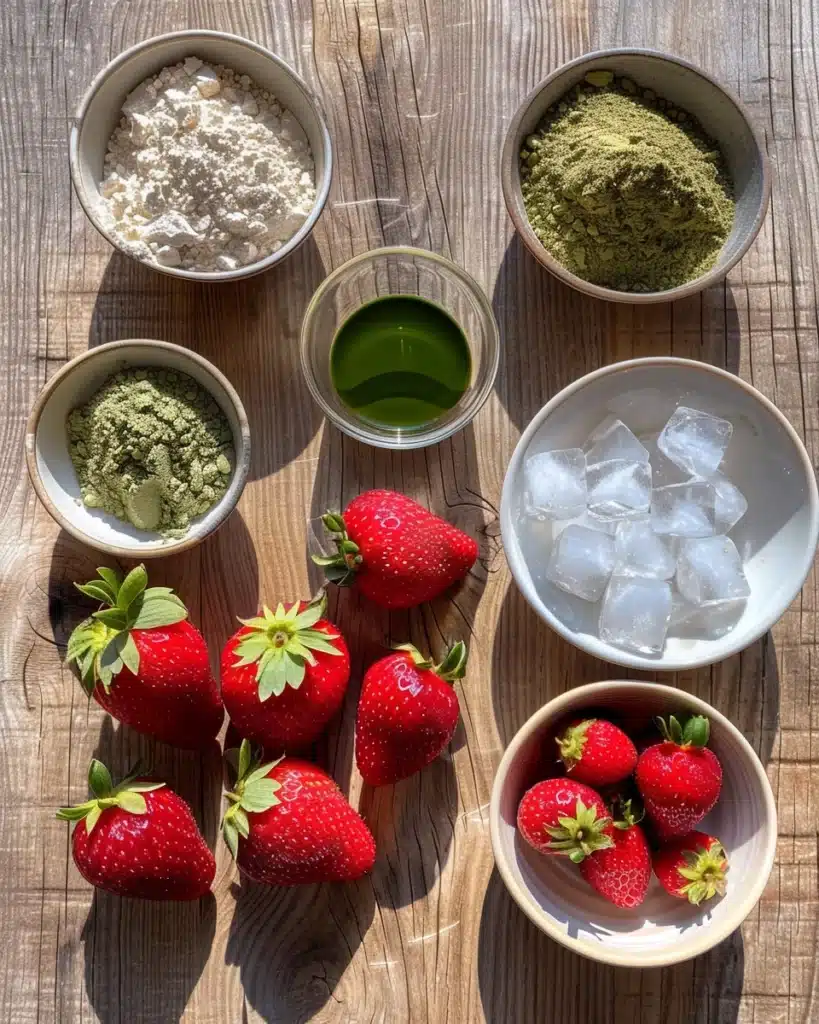 Iced Strawberry Matcha Latte Recipe Made Beautiful 4 Ingredients for iced strawberry matcha latte on wood table