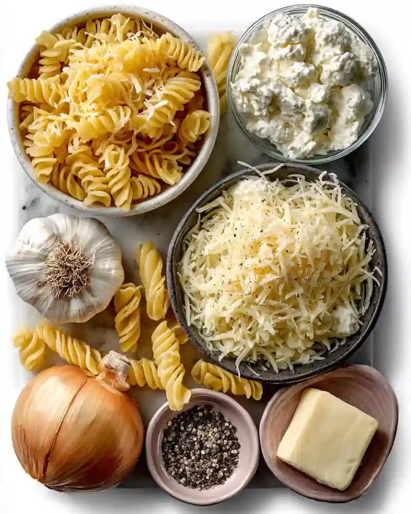 High Protein Mac and Cheese That’s Creamy, Easy, and Guilt-Free 4 Ingredients for high protein mac and cheese laid out on a counter
