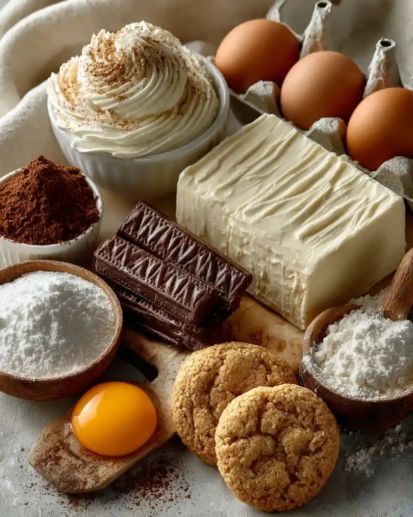 The Healthy Cheesecake Recipe: Amazing Low-Calorie Dessert You’ll Love 4 Flat lay of cheesecake ingredients including cream cheese, eggs, cookies, cocoa powder, and whipped cream