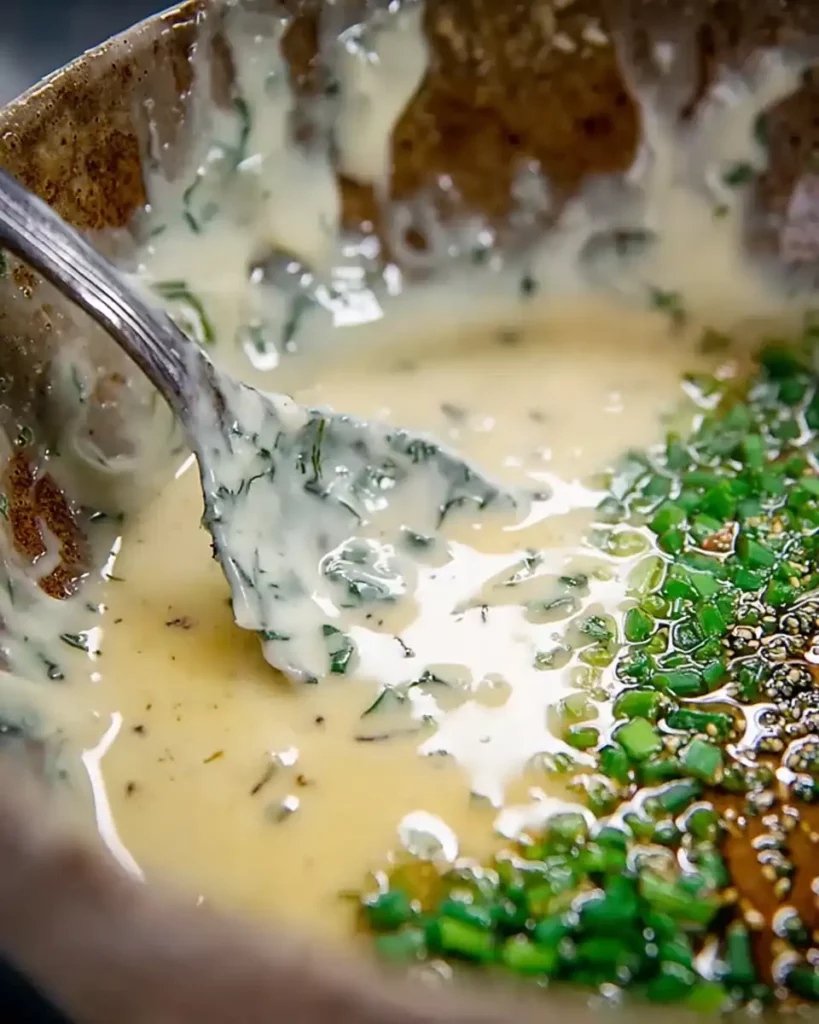 Crave-Worthy Salmon Potato Salad: Clean, Happy Meal 5 Close-up of creamy herb garlic dressing with fresh chives and seasoning in a rustic bowl