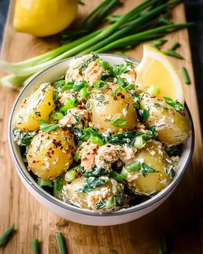 Crave-Worthy Salmon Potato Salad: Clean, Happy Meal 6 Creamy lemon herb salmon potato salad with dill, chives, and baby potatoes in a white bowl