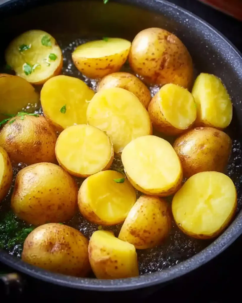 Crave-Worthy Salmon Potato Salad: Clean, Happy Meal 4 Halved baby potatoes sautéing in olive oil inside a black skillet