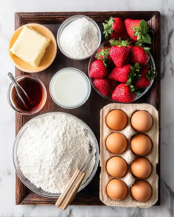 Strawberry and Sponge Cake: The Ultimate Summer Treat 4 Ingredients for strawberry and sponge cake including eggs, flour, and fresh strawberries