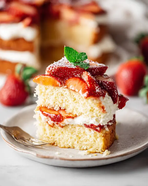 Strawberry and Sponge Cake: The Ultimate Summer Treat 5 A slice of strawberry and sponge cake on a dessert plate, whipped cream and strawberries on top, soft daylight, cozy background