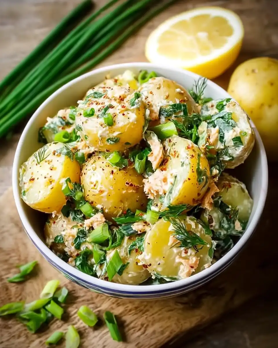Crave-Worthy Salmon Potato Salad: Clean, Happy Meal 2 Bowl of warm salmon and baby potato salad with fresh dill, chives, and creamy Dijon dressing