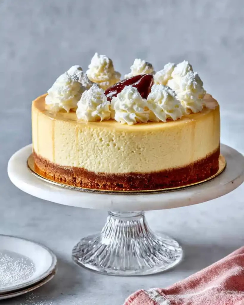 The Healthy Cheesecake Recipe: Amazing Low-Calorie Dessert You’ll Love 1 Whole creamy vanilla cheesecake topped with whipped cream and jam on a marble stand