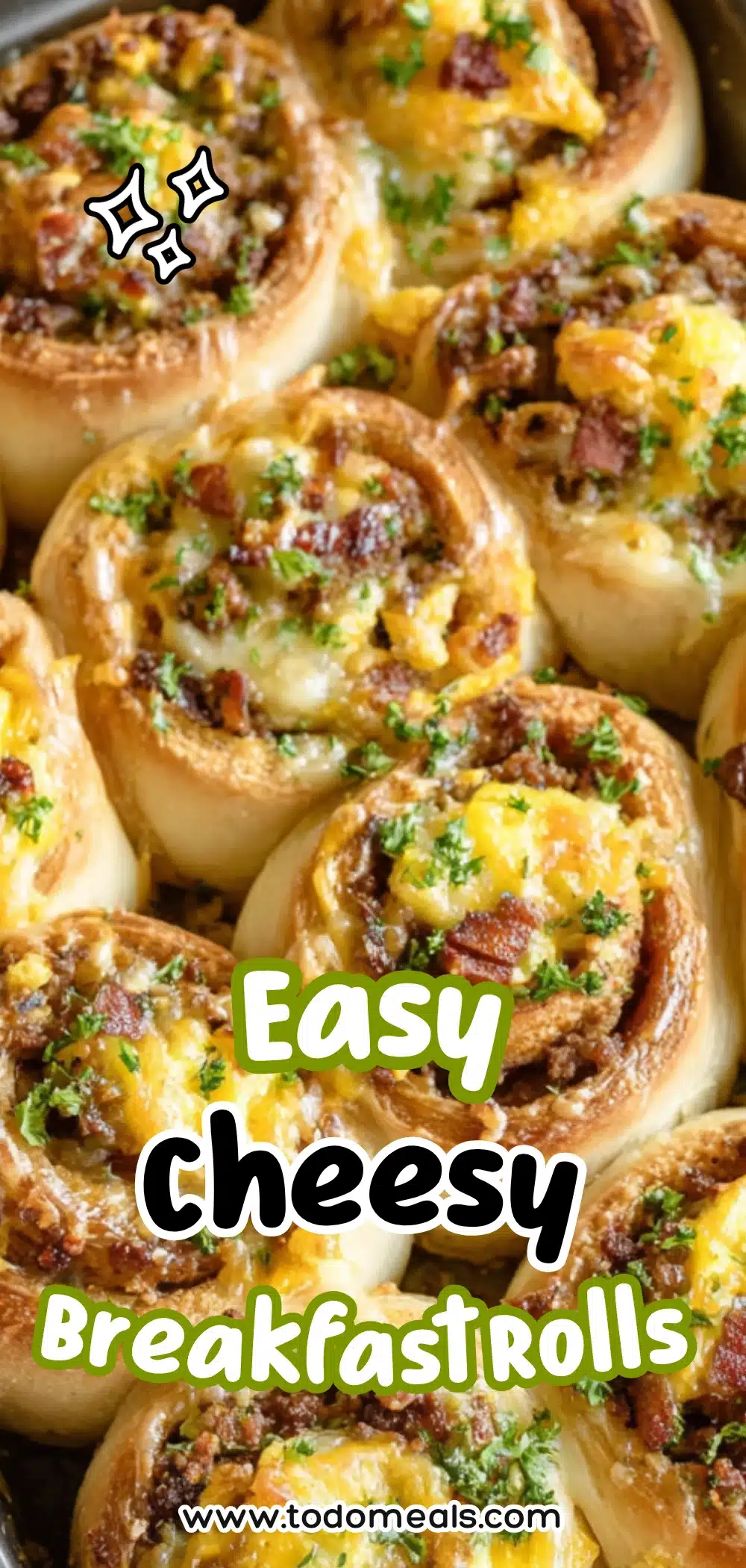 Easy Cheesy Breakfast Rolls 2 Golden breakfast rolls stuffed with melted cheese, scrambled eggs, and crispy beef bits, baked until soft and fluffy
