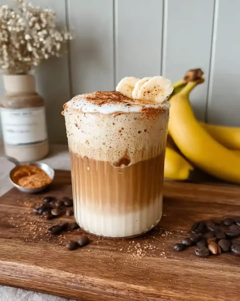How to Make a Cozy Banana Bread Latte at Home 1 Layered banana bread latte topped with frothy milk and banana slices on a wooden board with coffee beans