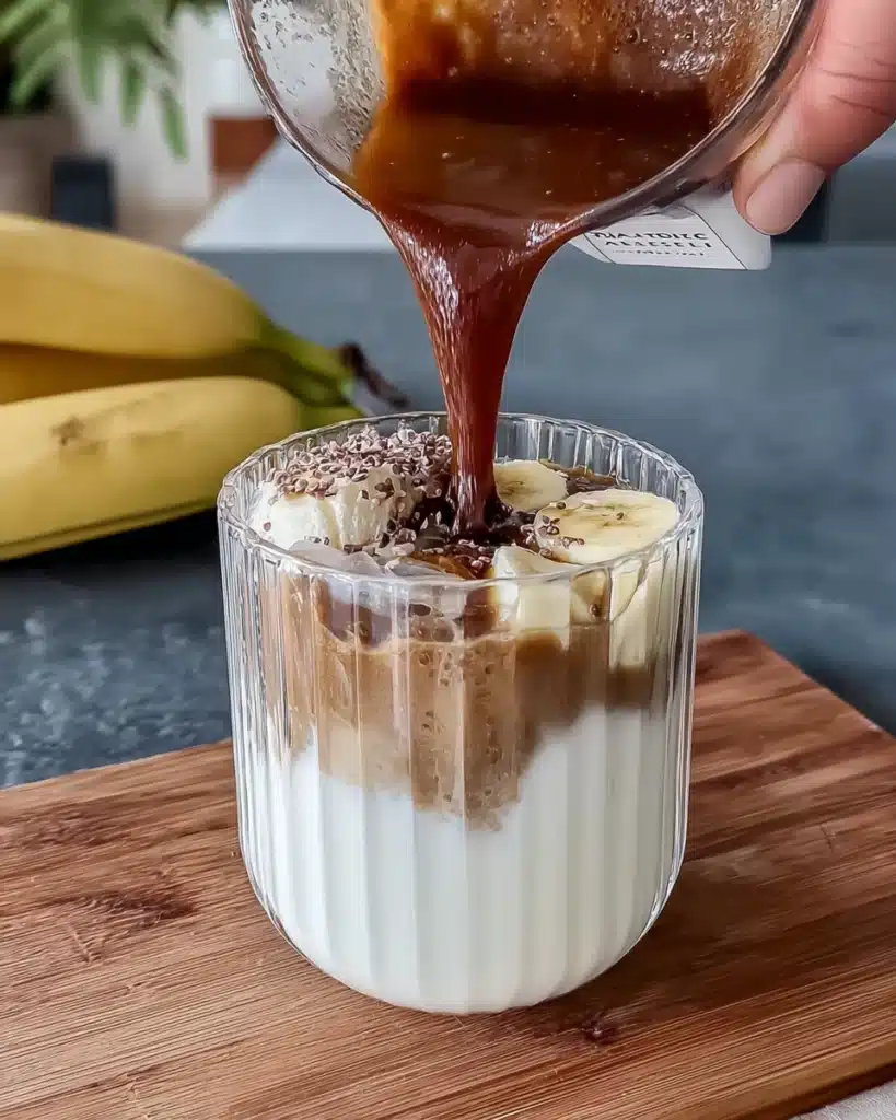 How to Make a Cozy Banana Bread Latte at Home 4 Espresso being poured over a glass of banana milk topped with banana slices and cocoa nibs