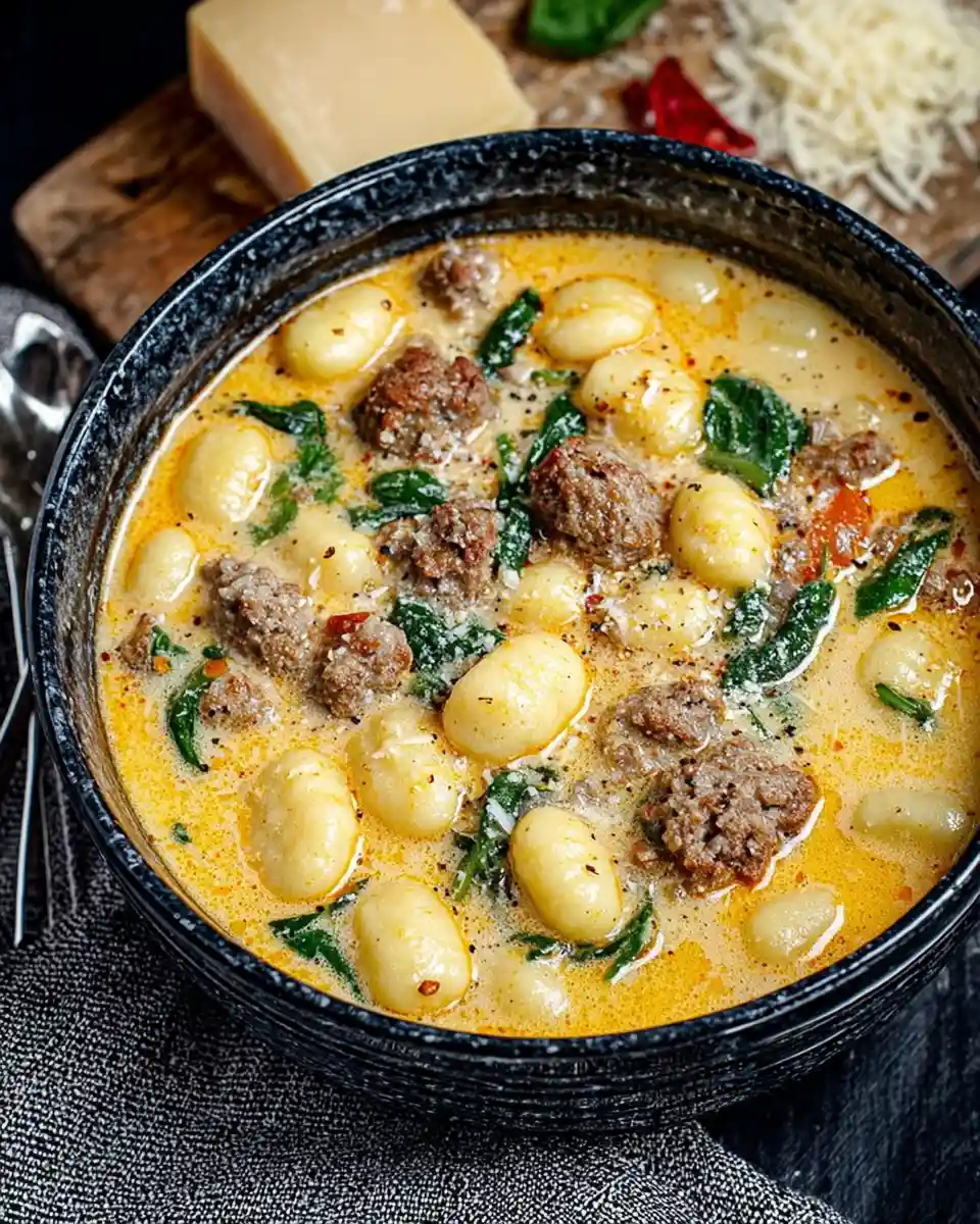 Creamy Italian Gnocchi Soup with Beef Sausage 2 Creamy Italian gnocchi soup with sausage, spinach, and parmesan served in a rustic black bowl on a wooden table.
