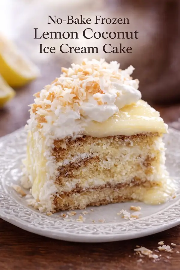 No-Bake Frozen Lemon Coconut Ice Cream Cake 1 Slice of no-bake frozen lemon coconut ice cream cake with creamy layers and toasted coconut topping on a white plate