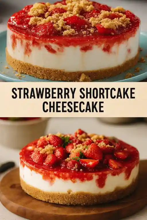 Creamy strawberry shortcake cheesecake topped with fresh berries and crumble on a white plate.