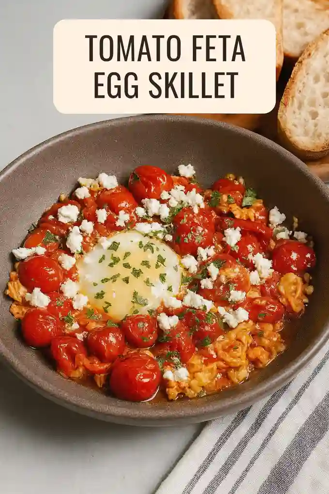 Tomato Feta Egg Skillet 1 A skillet filled with cherry tomatoes, a cooked egg in the center, crumbled feta, and herbs, served with toasted bread slices.
