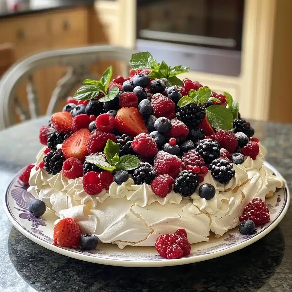 Double Stacked Pavlova Cake with Fresh Mixed Berries